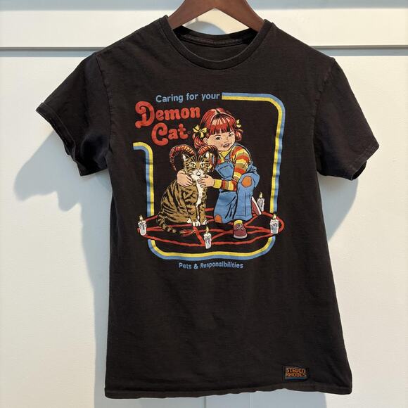 Steven Rhodes Shirt Mens Small Black Caring For Your Demon Cat Graphic Tee Humor - Picture 1 of 8